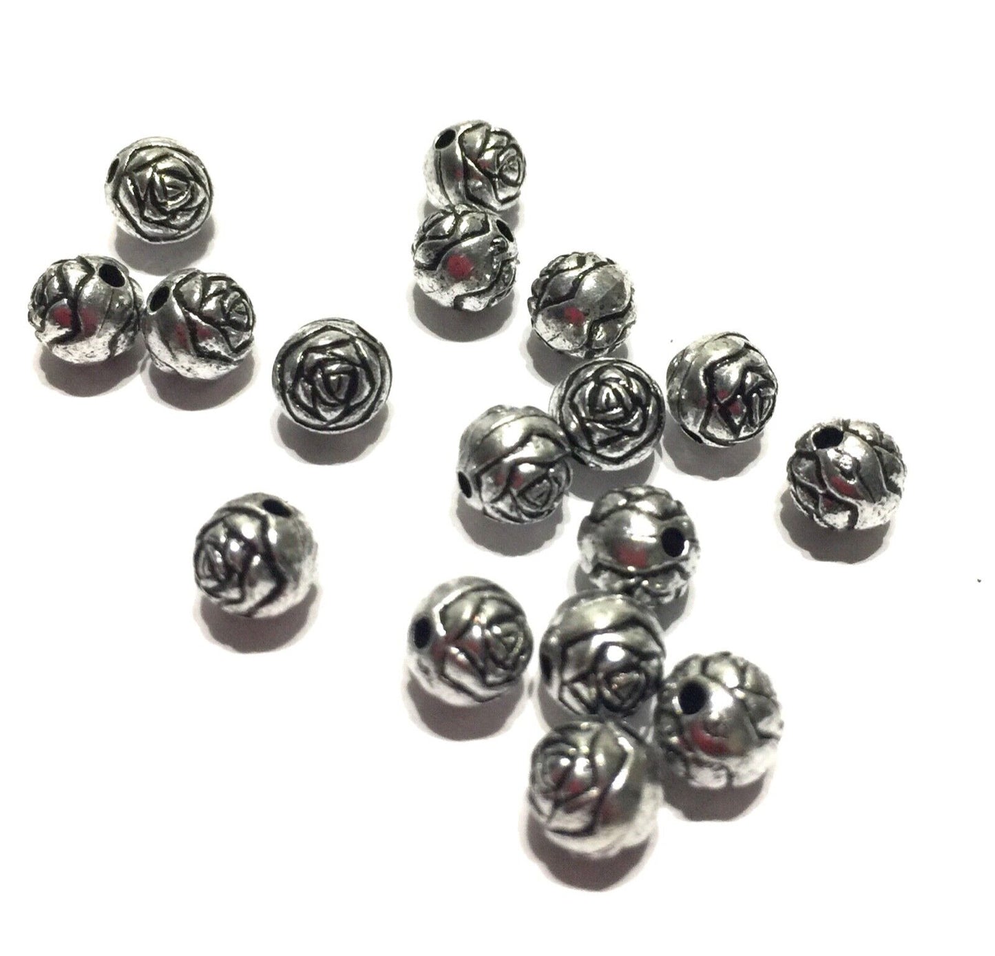 150x Silver Tone Rose Flower 6mm Round Beads