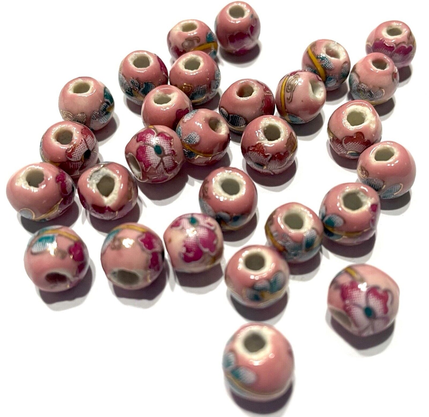 30 pcs Dusky Pink Ceramic 6mm to 7mm Hand painted Flower w/ Golden Lining