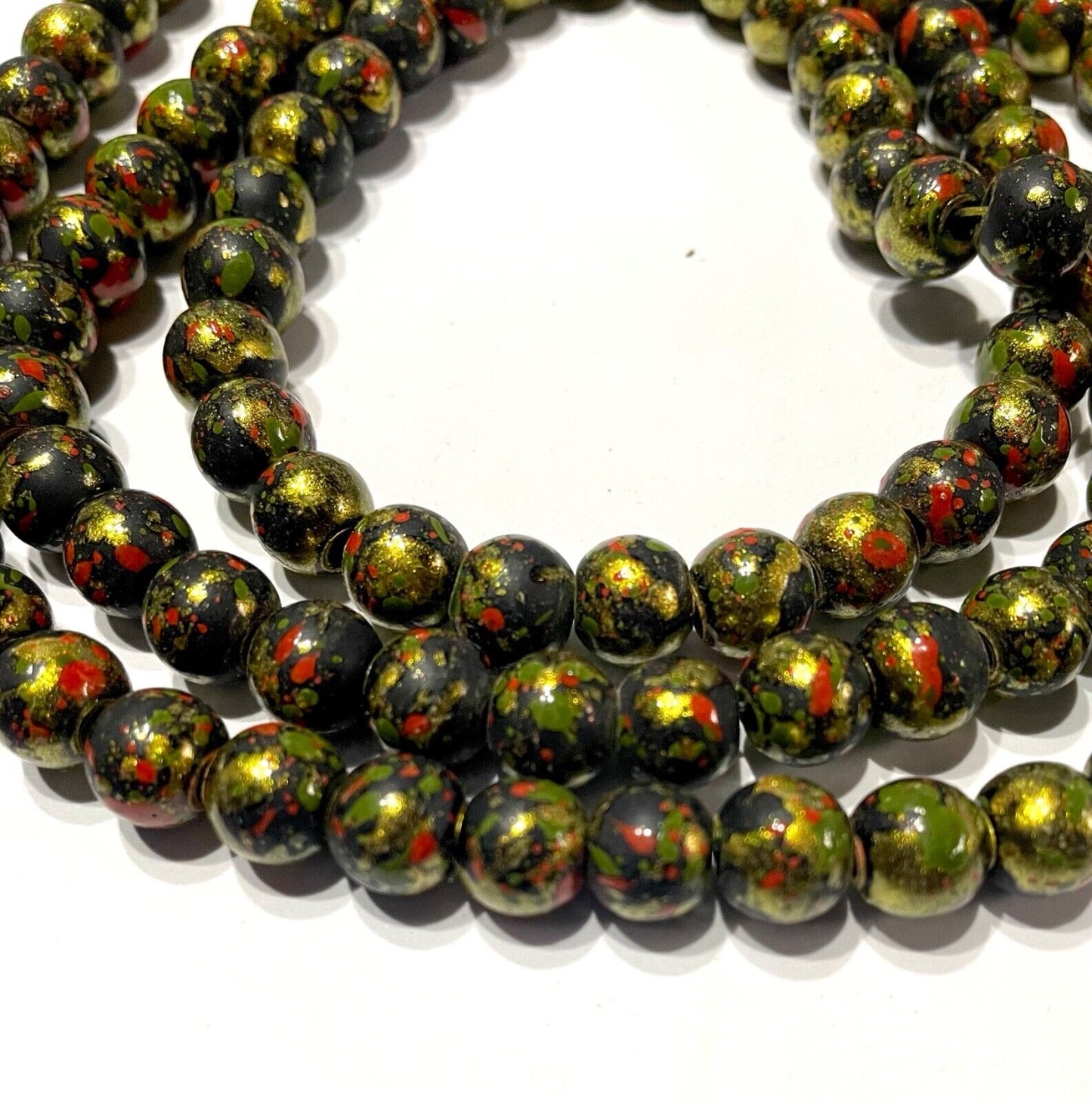 1x Strand 100pcs Round 8mm Multicoloured Golden Glass Beads for Jewellery Making