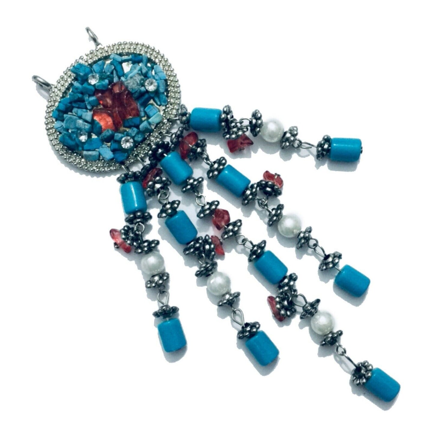 Metal and Turquoise Bead 4.5cm x 15cm Vintage Style Pendant