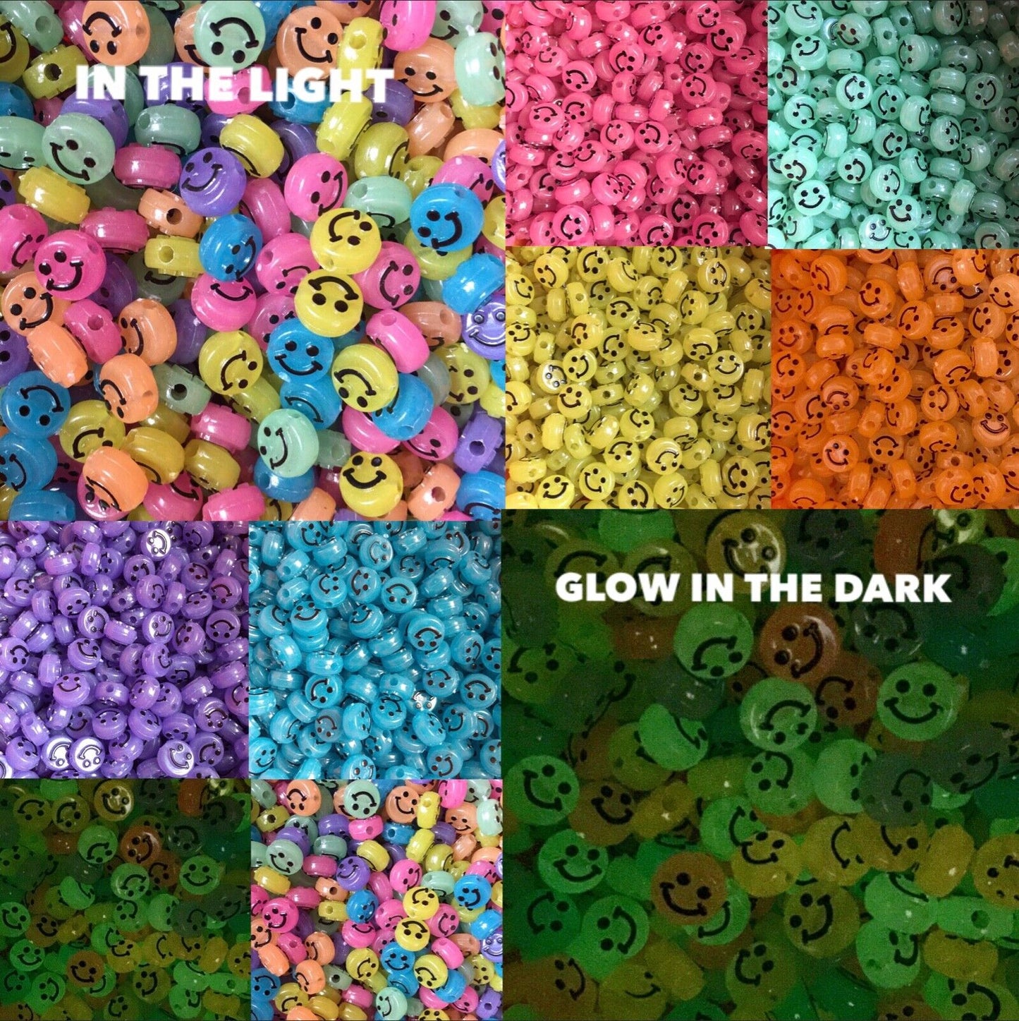 100x Glow in the Dark SmilIing Flat Round Disc Beads 10mmx5mm for Jewellery Making
