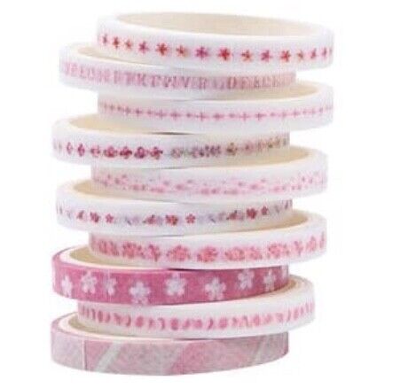 10x Roll Multi Colour 2 Meters per Roll 3mm Patterned Washi Tape