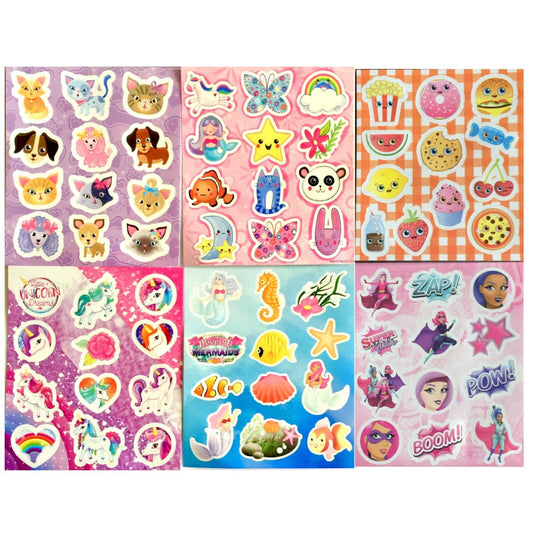 6x Sheets Cute Cartoon Stickers for Craft and Party Favours