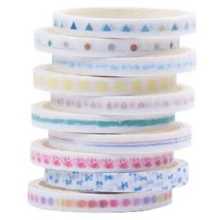 10x Roll Multi Colour 2 Meters per Roll 3mm Patterned Washi Tape