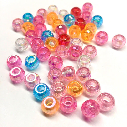 100x Large Hole Faceted Iridescent 9mmx6.5mm Acrylic Beads - Choose your Colour