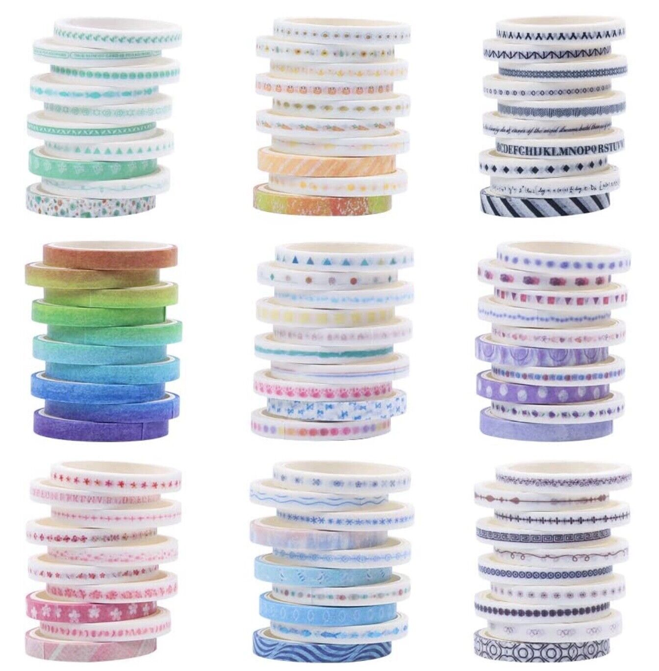 10x Roll Multi Colour 2 Meters per Roll 3mm Patterned Washi Tape