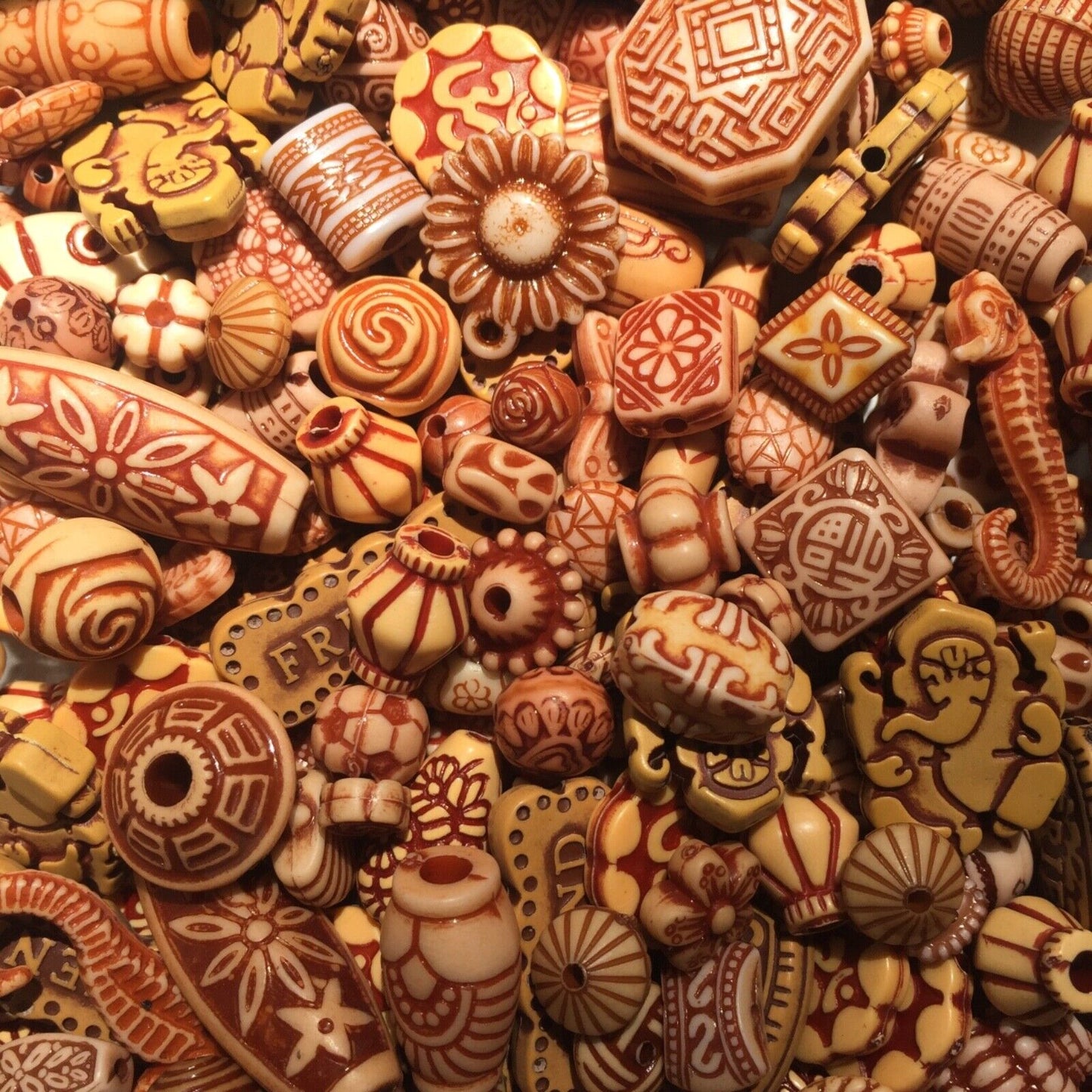 100+ pcs Ethnic Tribal Antique Mix Design Mix Sizes Wooden Look Acrylic Beads