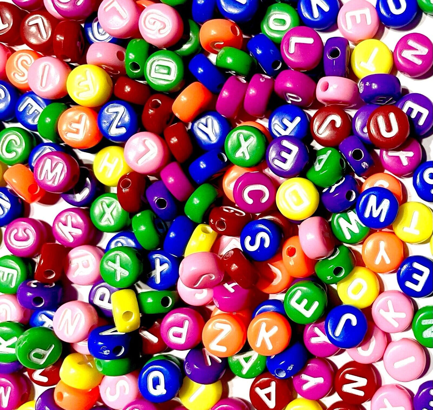 200x Candy Colour English Alphabet White Letter 6mm  Flat Round Beads