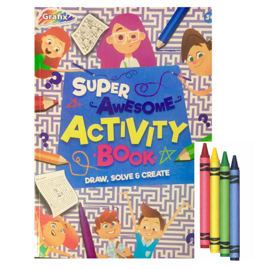 Super Awesome Activity Book A4 (Draw, Solve and Create) with Free 4x Crayons