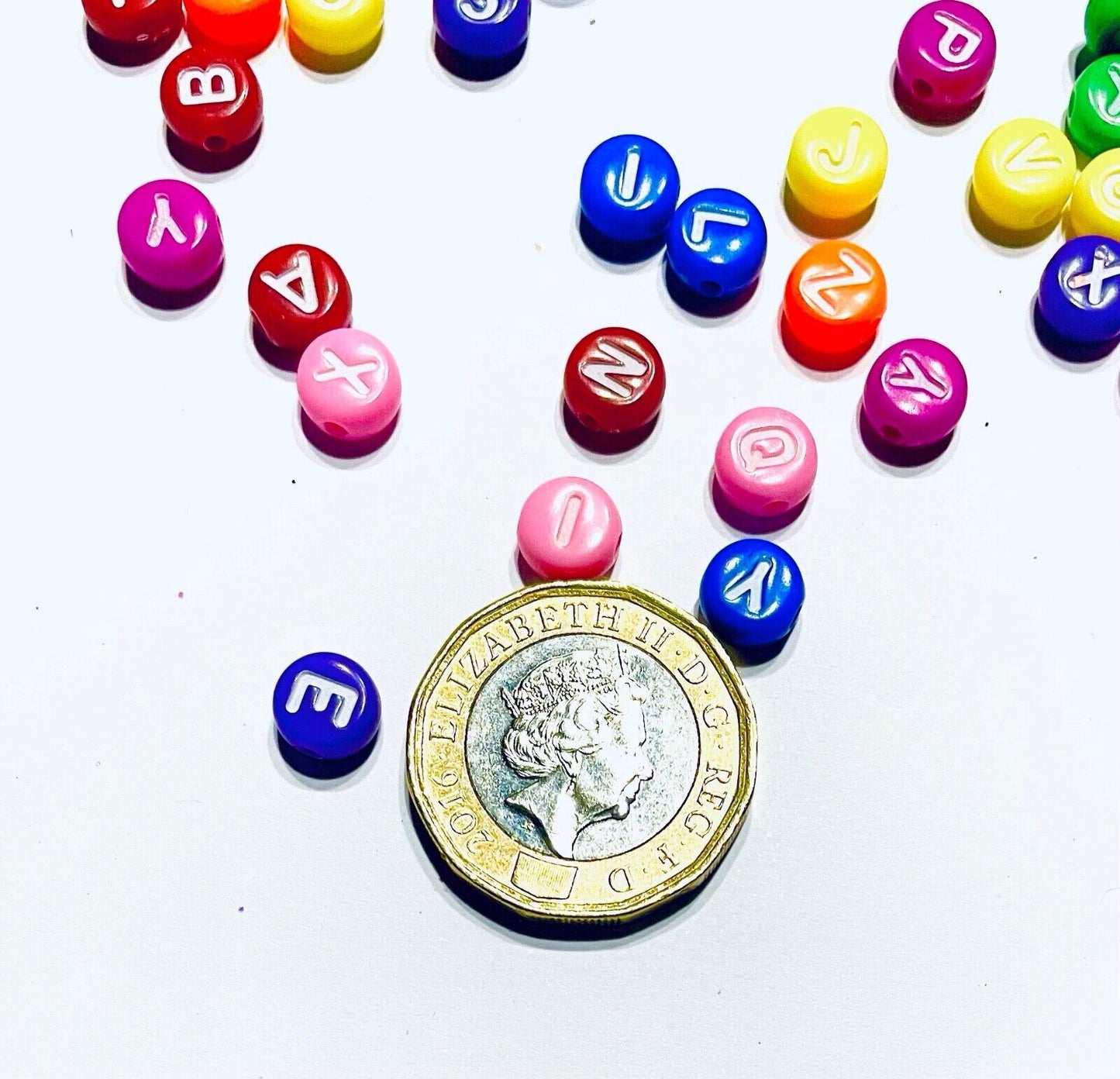 200x Candy Colour English Alphabet White Letter 6mm  Flat Round Beads
