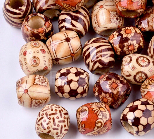 50x Extra Large Patterned Barrel Wood Beads 16.5mm with Big 7.5mm Hole