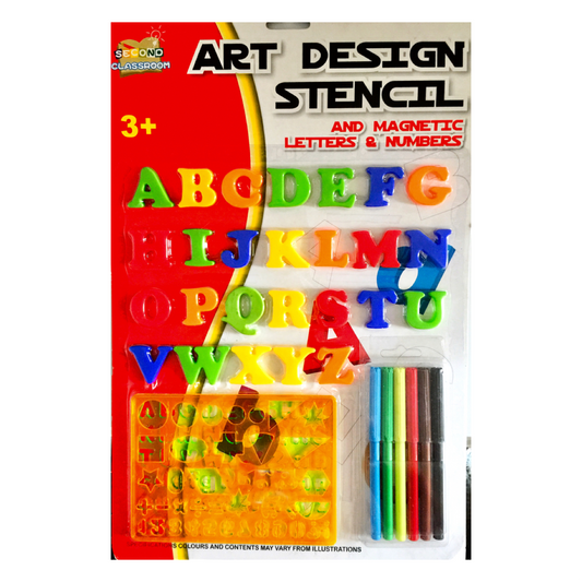 Art Design 2 Stencil Set with 26 Magnetic Letters and 6pc Fibre Pens