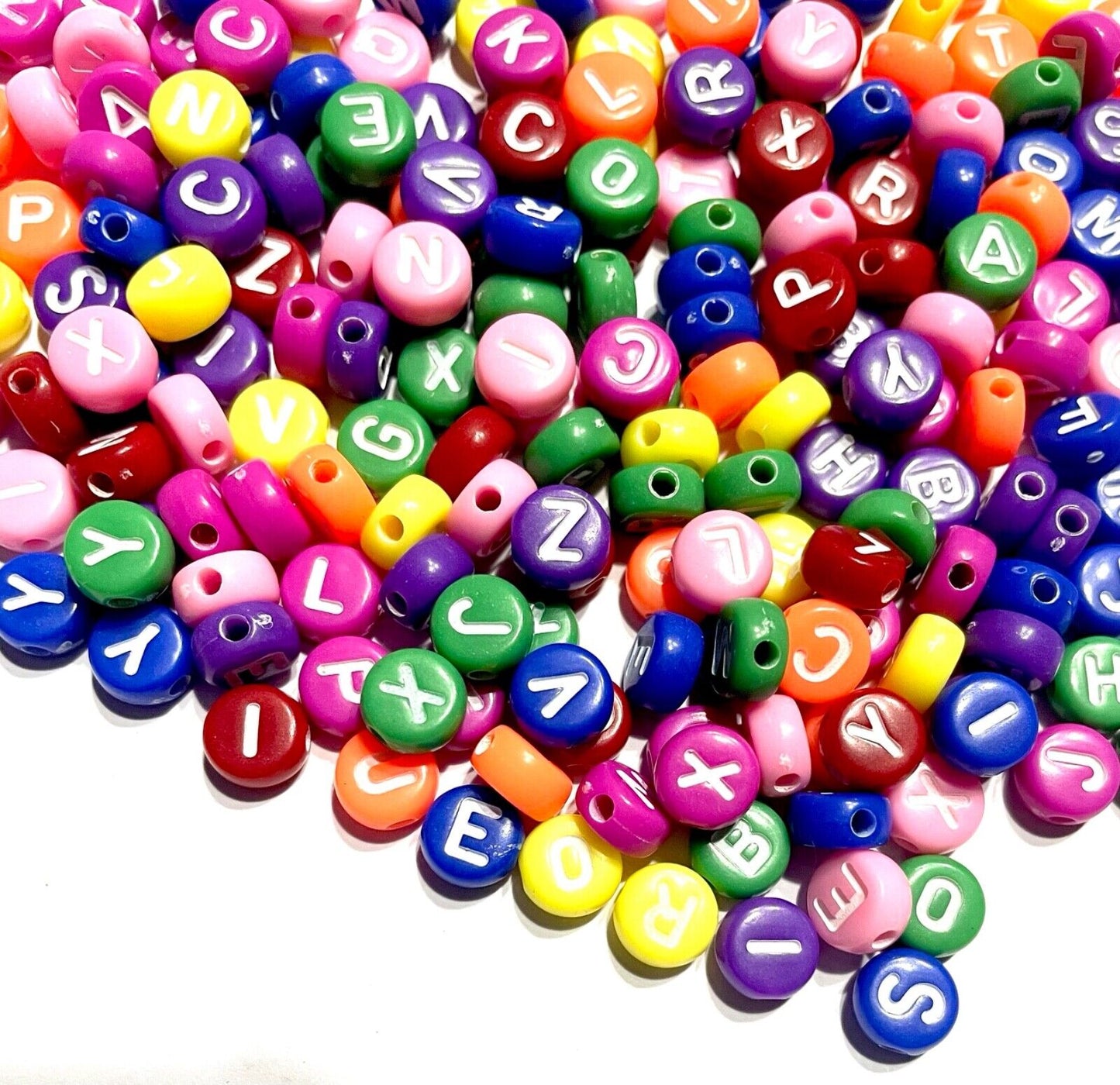200x Candy Colour English Alphabet White Letter 6mm  Flat Round Beads