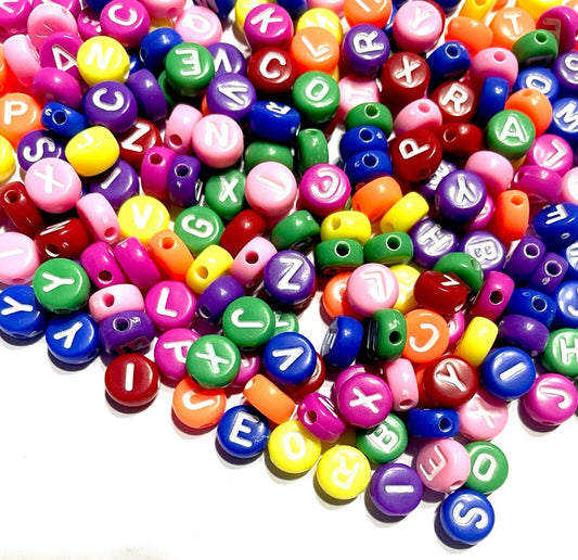 200x Candy Colour English Alphabet White Letter 6mm  Flat Round Beads