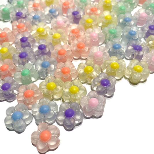 50x Clear Frosted Flower with Multicoloured Center 14.5mm Acrylic Craft Beads