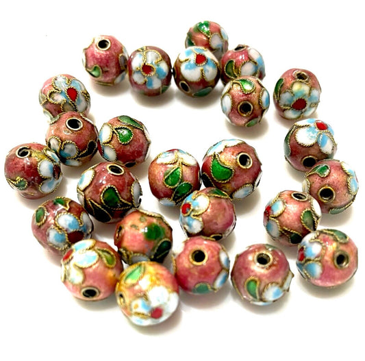 15 pcs Rustic Brown 9mm Cloissone Beads with Hand Painted Flower for Jewellery