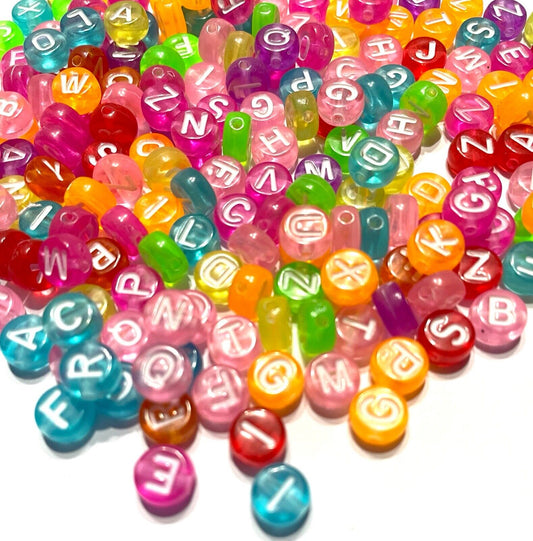 200x Jelly Colour English Alphabet White Letter 6mm  Flat Round Beads