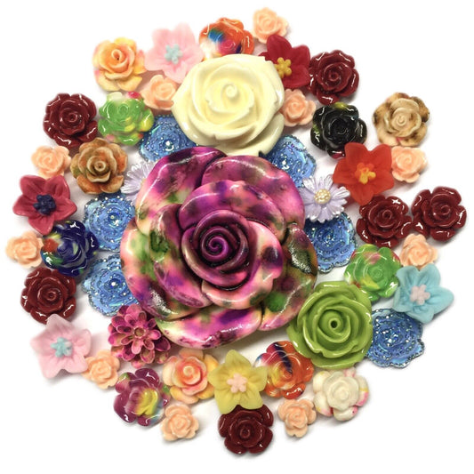 50x Mix Colour Mix Sizes Flat Back Resin Flower Cabochon