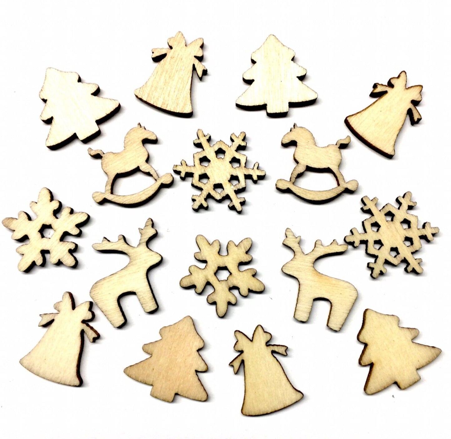 40x Small Christmas Theme Laser Cut Undyed Natural Wood Cabochon 14.5mm-22.5mm