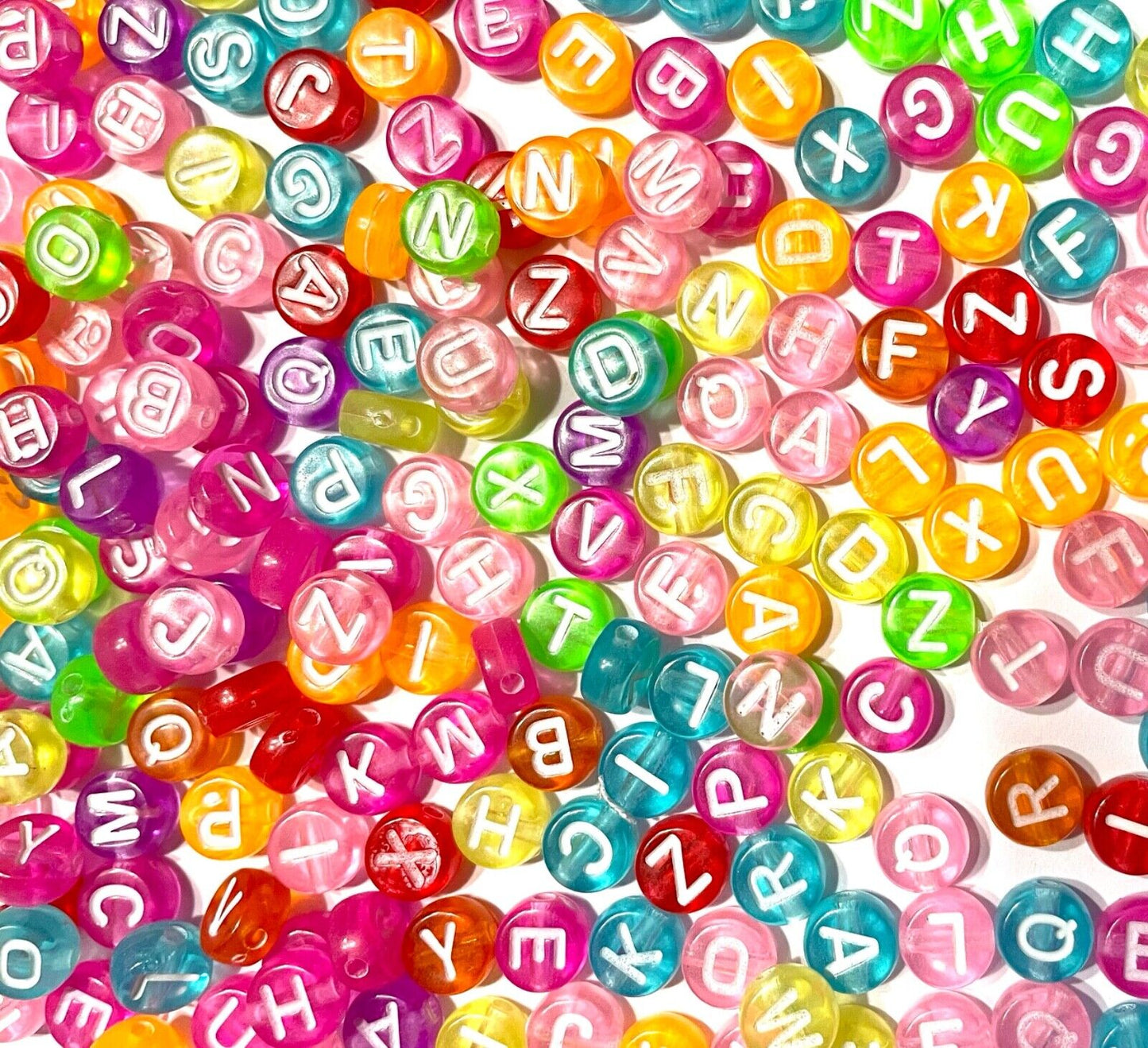 200x Jelly Colour English Alphabet White Letter 6mm  Flat Round Beads