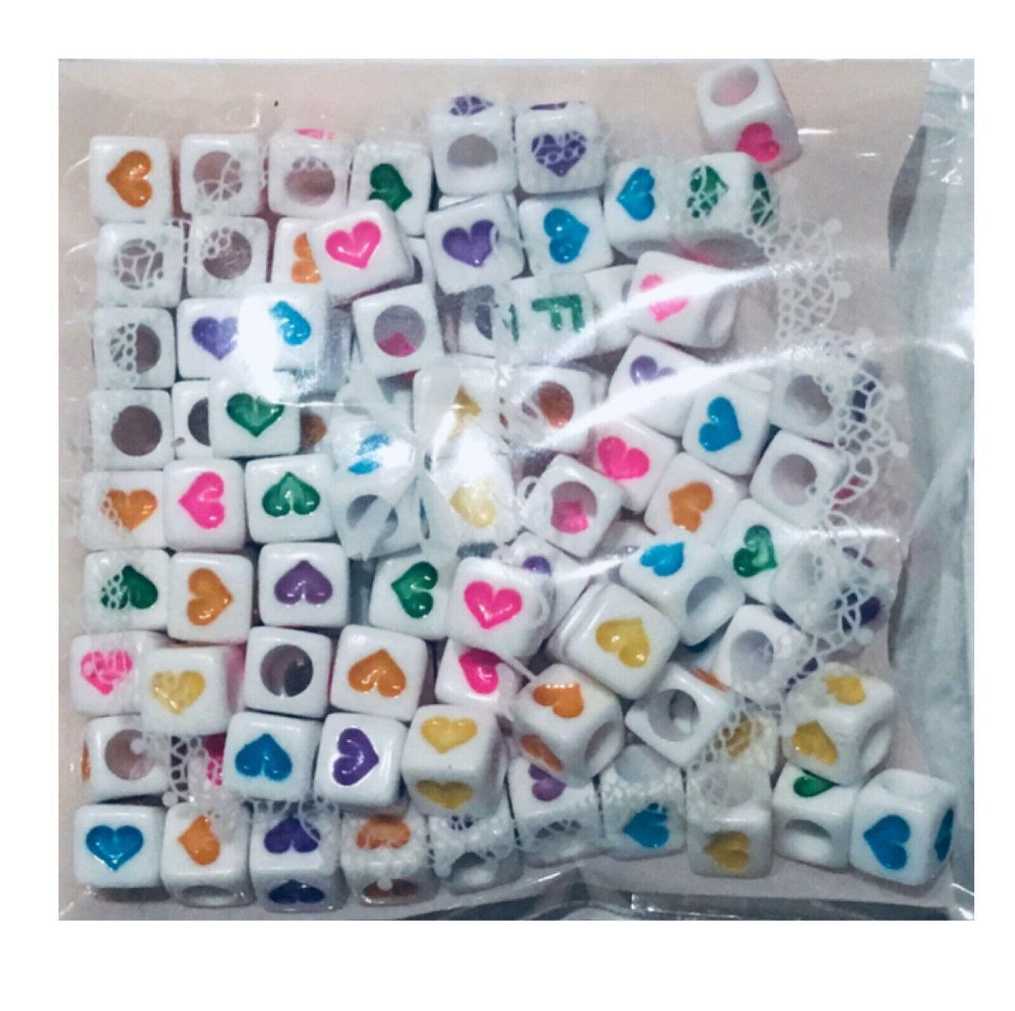 100 x Multi Coloured Heart 7mm Cube Beads for Jewellery Making