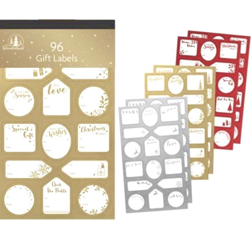 96x Foil Christmas Gift Labels - Gold, Silver and Red