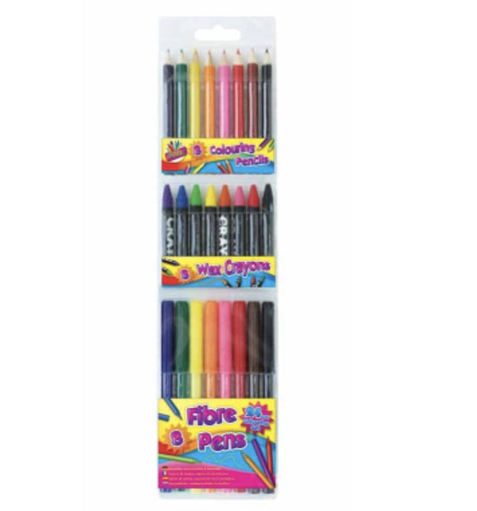 24x 3 in 1 Colouring Pack - 8x Fibre Pens, 8x Crayons and 8x Coloured Pencils