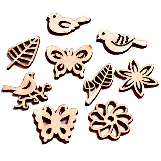 50x Small Laser Cut Flowers, Birds, Butterflies & Leaves Natural Wood Cabochon