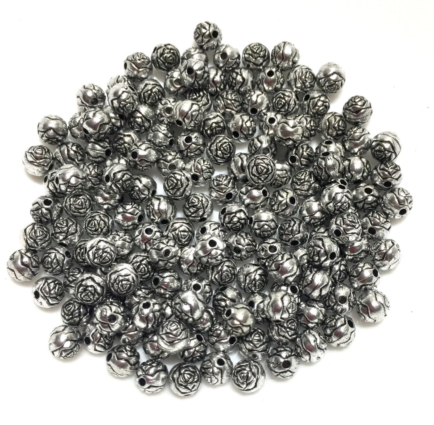 150x Silver Tone Rose Flower 6mm Round Beads