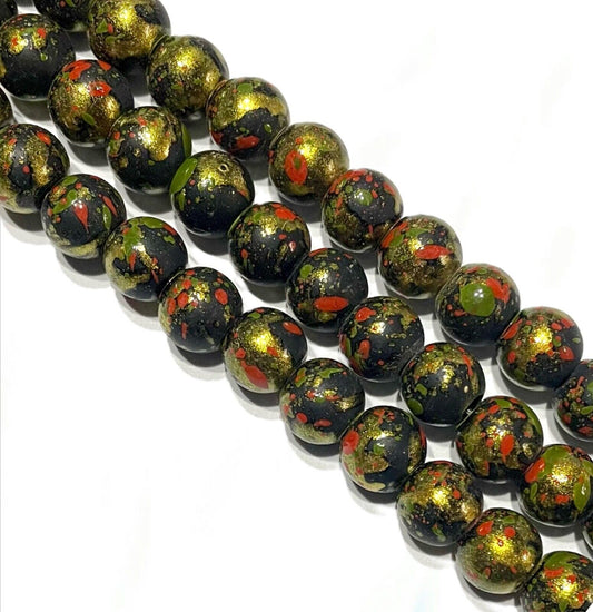 1x Strand 100pcs Round 8mm Multicoloured Golden Glass Beads for Jewellery Making