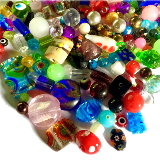 200 gms of Mix Glass and Millefiori and Foil Beads Sizes 6mm to 40mm