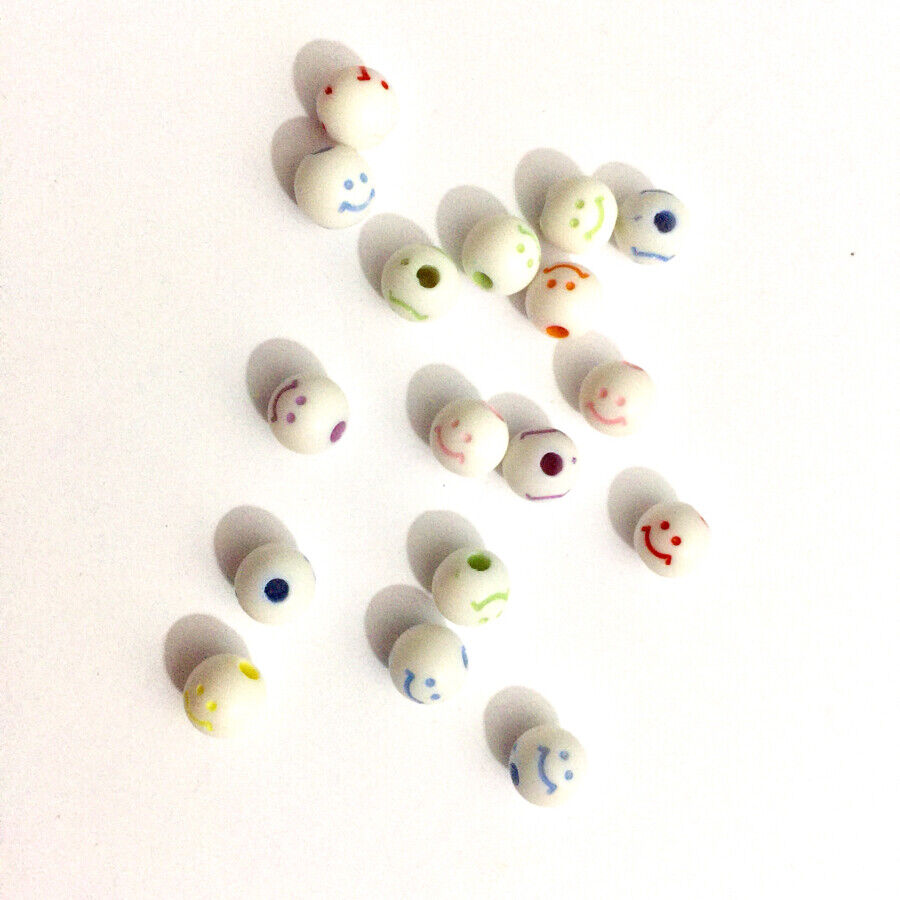 100x Smiling Face Emoticons Design 8mm White Acrylic Beads